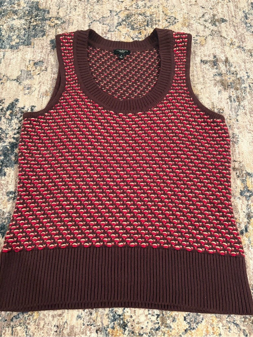 Talbots Womens Sweater Birds Eye Vest Petite Small Brown Cotton Preppy